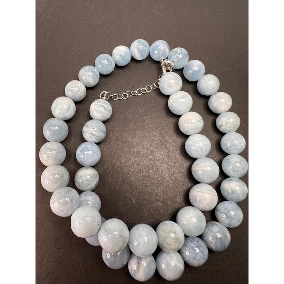 11mm Aquamarine beaded necklace with sterling silver clasp - Picture 4 of 11